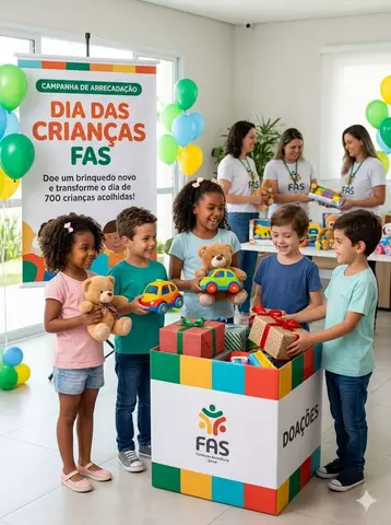 crianças em torno de uma caixa com doações de brinquedos